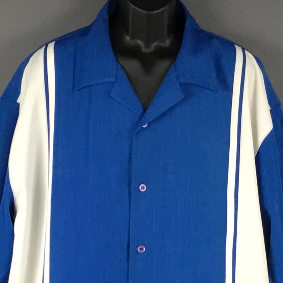 Camisa Montique Para Hombres 2XL Azul Blanco Bowling Camp Botón Frontal Raya Vertical Foto 3 de 4