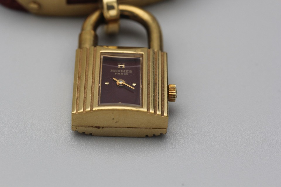 [Near MINT w/ BOX] Hermes Kelly Padlock Gold Red Dial Quartz 20mm Women ...
