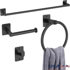 4-Piece Matte Black Bathroom Hardware Set Towel Bar Ring Hook Holder Rustproof