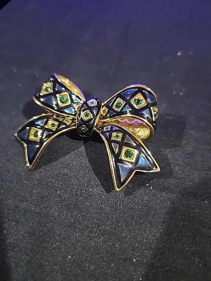 Broche Joan Rivers Azul Negro Esmalte Verde Estrás Arco Firmado De Colección Foto 2 de 4
