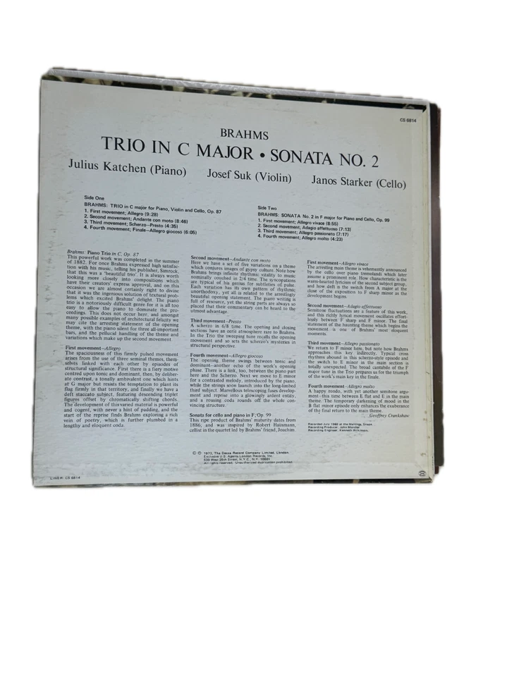 Brahms Trio Op.87 and Cello Sonata No. 2: Suk, Starker, and Katchen CS 6814 - Image 2 of 4