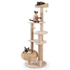 65" Cattail Cat Tower w/ Jute Scratching Posts Perch Basket Bed Dangling Balls