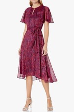 Tahari ASL Womens Flutter Sleeve Ruched Key Hole Neck Dress Navy Pink Dot NWT 14