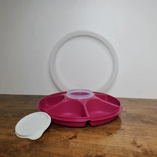 Tupperware Serving Center Divided Veggie Tray w/ Dip Bowl  New #1665 Radish Red