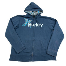 Vintage Y2K Hurley Hoodie Men XL Blue Full Zip Sweatshirt Jacket Distressed Worn