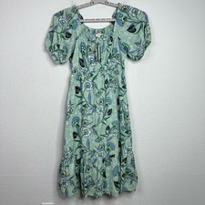 Loft Dress Womens XS Green Floral Milkmaid Smocked Boho Cottage Romantic Prairie