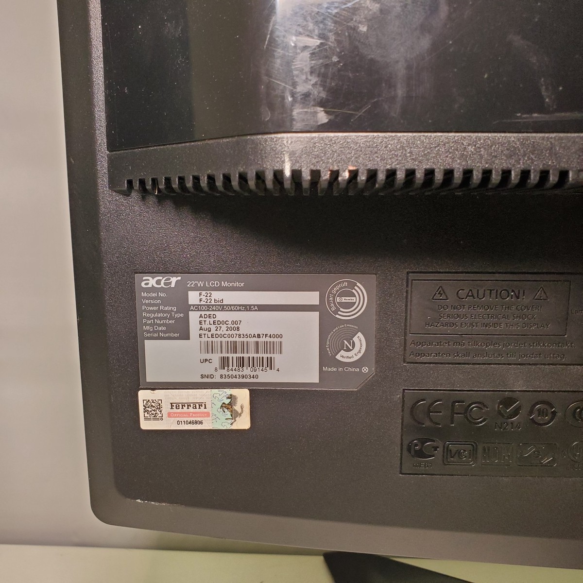Vintage Acer Ferrari F-22 LCD Monitor Limited Edition 22