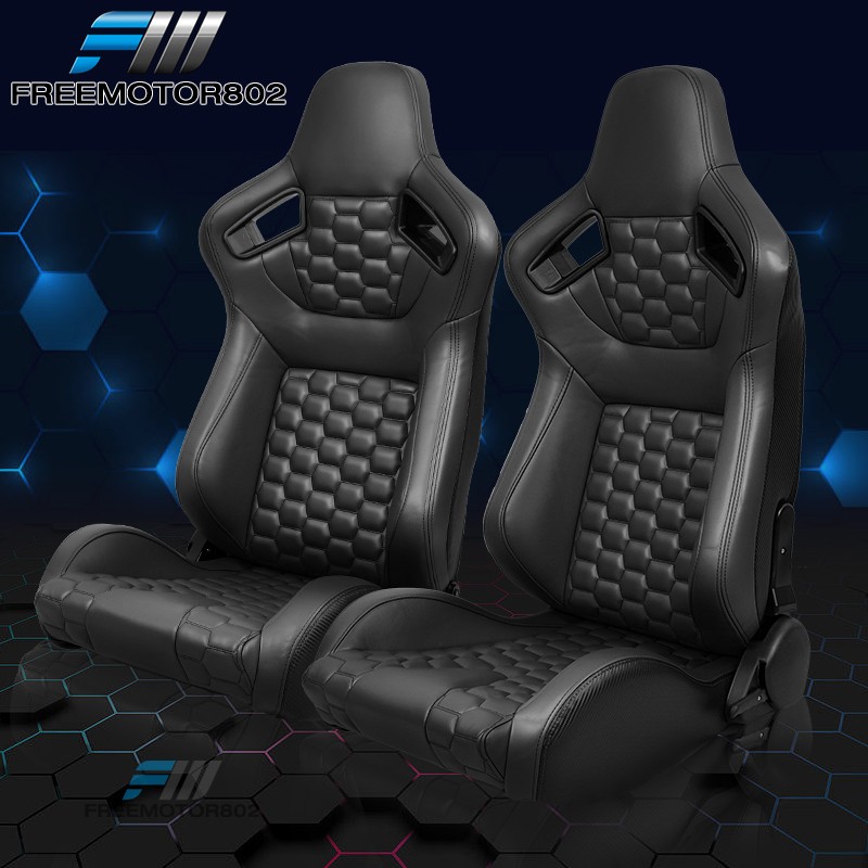 Adjustable Universal Racing Seat Honeycomb Black PU Leather & Dual Slider x2