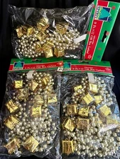 27’ Vintage Gold Bead And Foil Wrapped Gift Box Holiday Christmas Garland ~ NOS