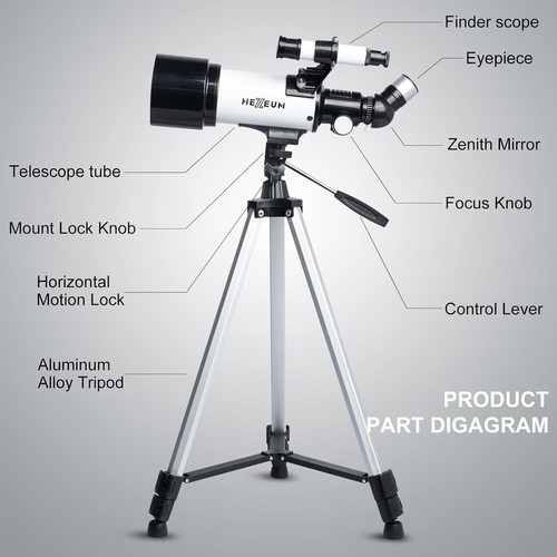 Hexeum Telescope 70mm Aperture 500mm AZ Mount Tripod Phone Adapter Bag Remote - Picture 7 of 10