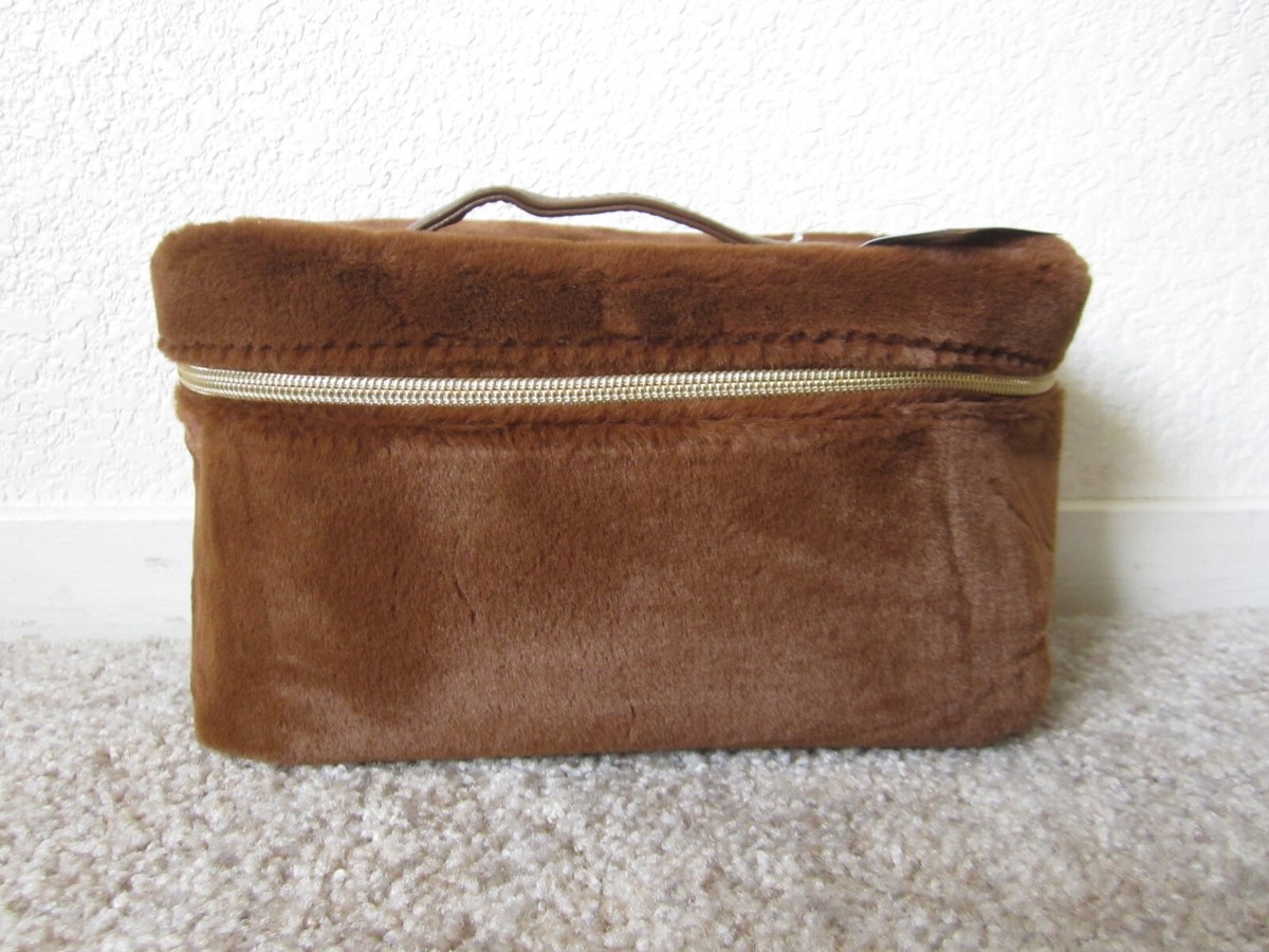 ULTA Beauty brown fuzzy makeup cosmetic bag train case w/ gold zipper