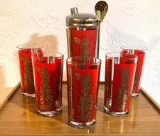 Vintage Culver Red & 22kt Gold Trim Siam Thai Goddess Cocktail Shaker -5 Glasses