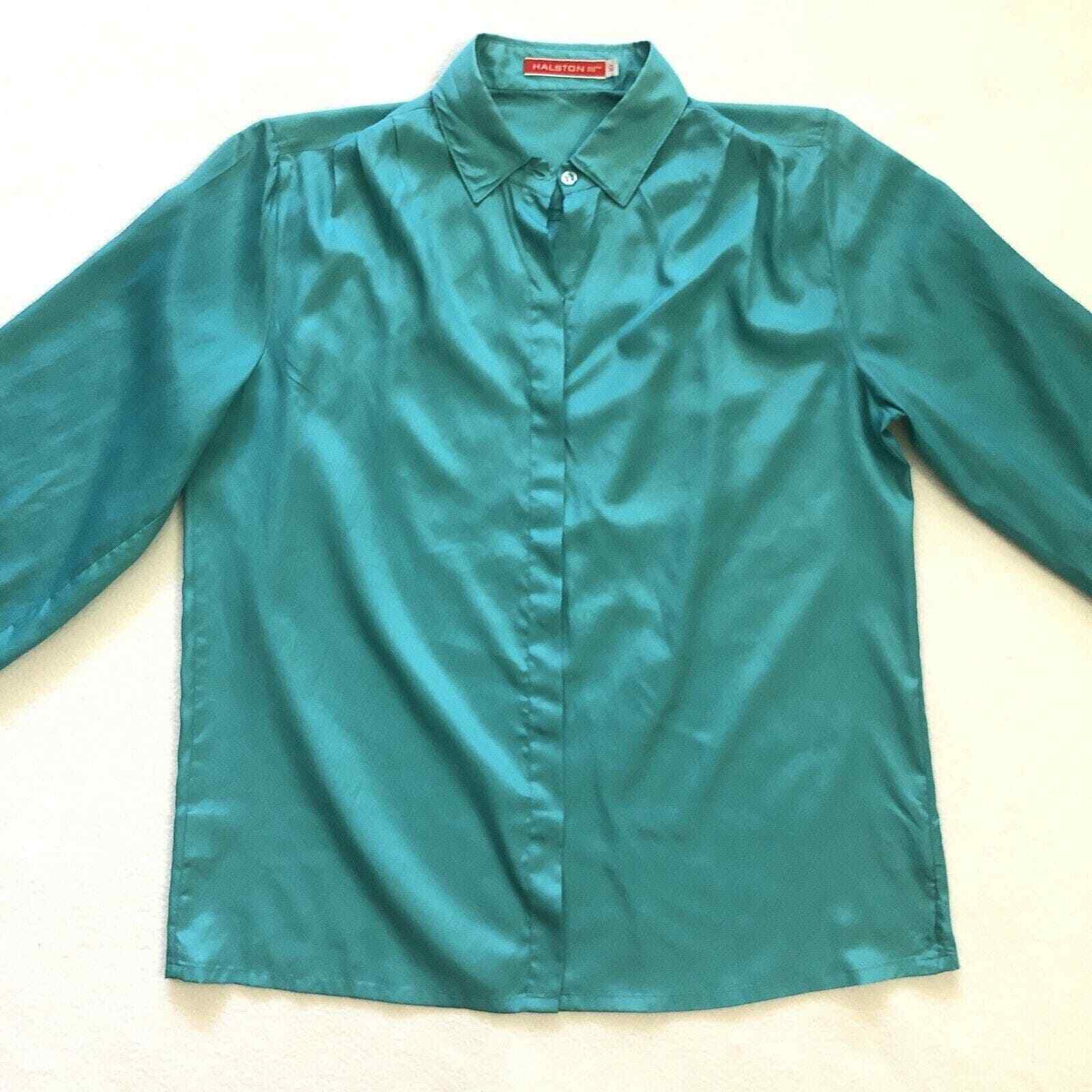 Vtg 80's Halston III Teal Women Button Front Long… - image 2