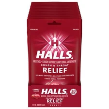 HALLS Relief Cherry Flavor Cough Drops, 30 Count (Pack of 12)