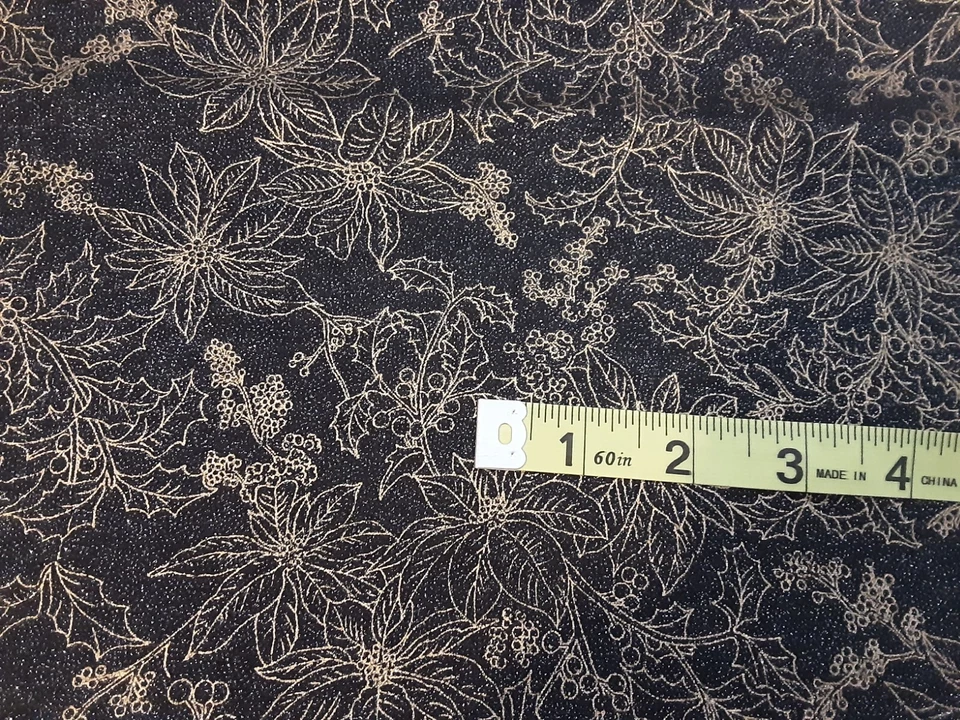 Forest Frost Poinsettia Black with Gold Glitter 100% Cotton Fabric BTY - Image 2 of 3