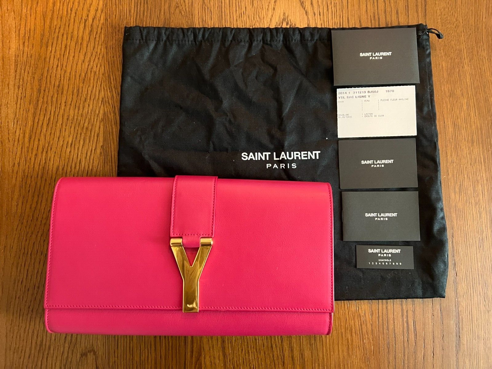 YSL Yves Saint Laurent Y Line Clutch Bag Pink Gold Leather