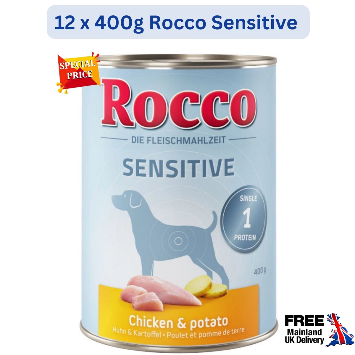 Rocco Sensitive Complete Wet Dog Food Chicken Potatoes12x400g UK