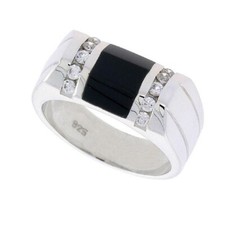 Sterling Silver Gents' Black Onyx Ring w/ 2 Grooves At each Side  10 CZ Stones