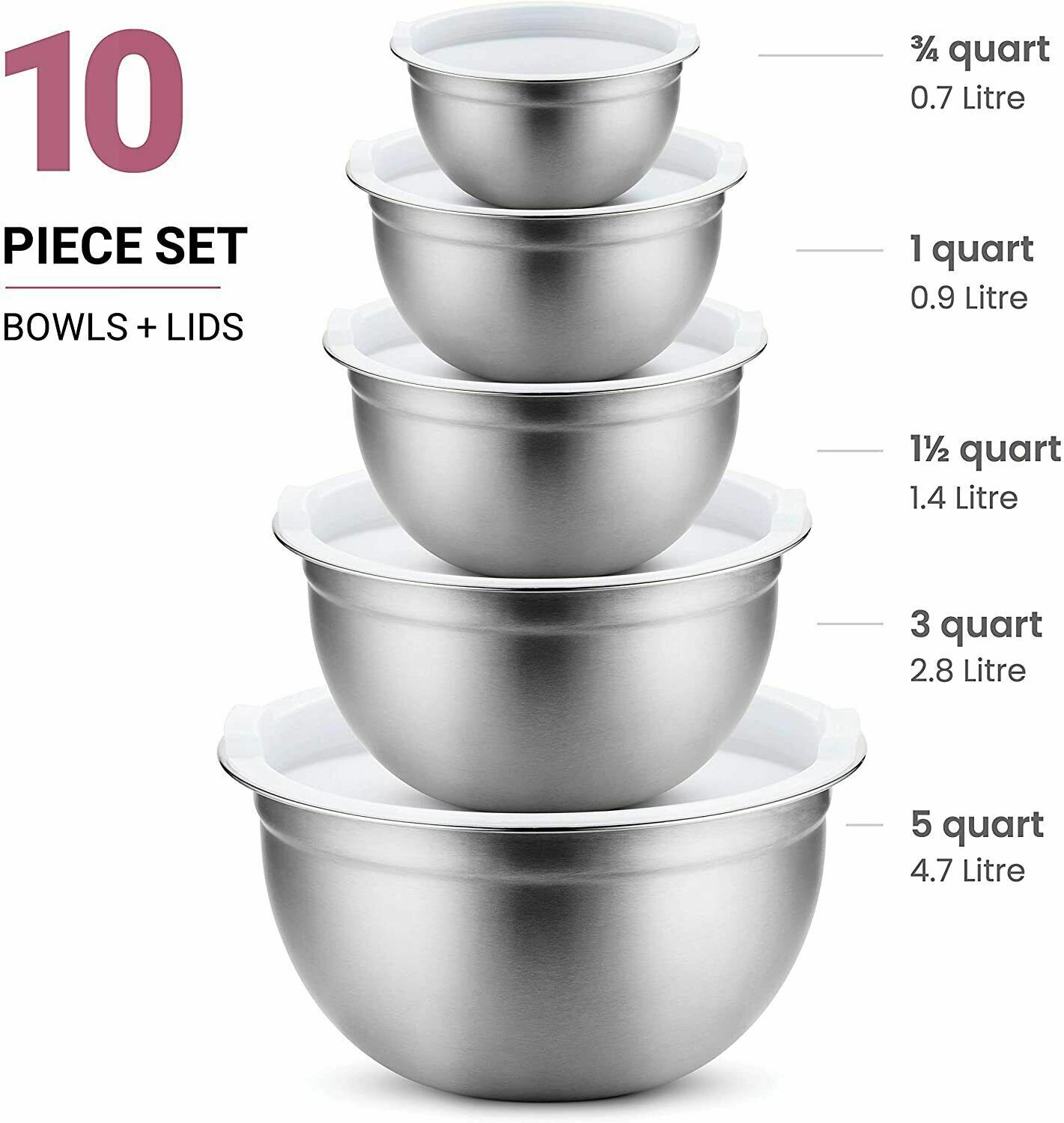 Premium 10-Piece Stainless Steel Mixing Bowl Set, Airtight Lids - Various  Sizes