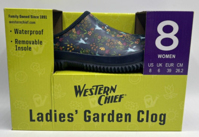 Women's Size 8(US) Western Chief HUMMINGBIRD Navy Rubber Garden Clogs Waterproof