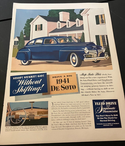 Blue 1941 DeSoto De Luxe Sedan - Vintage Original Color Print Ad Wall Art - NICE