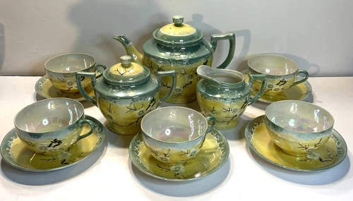 Vintage Takito Japan Lusterware Cherry Blossom Green And Yellow Teaset 15 Pieces