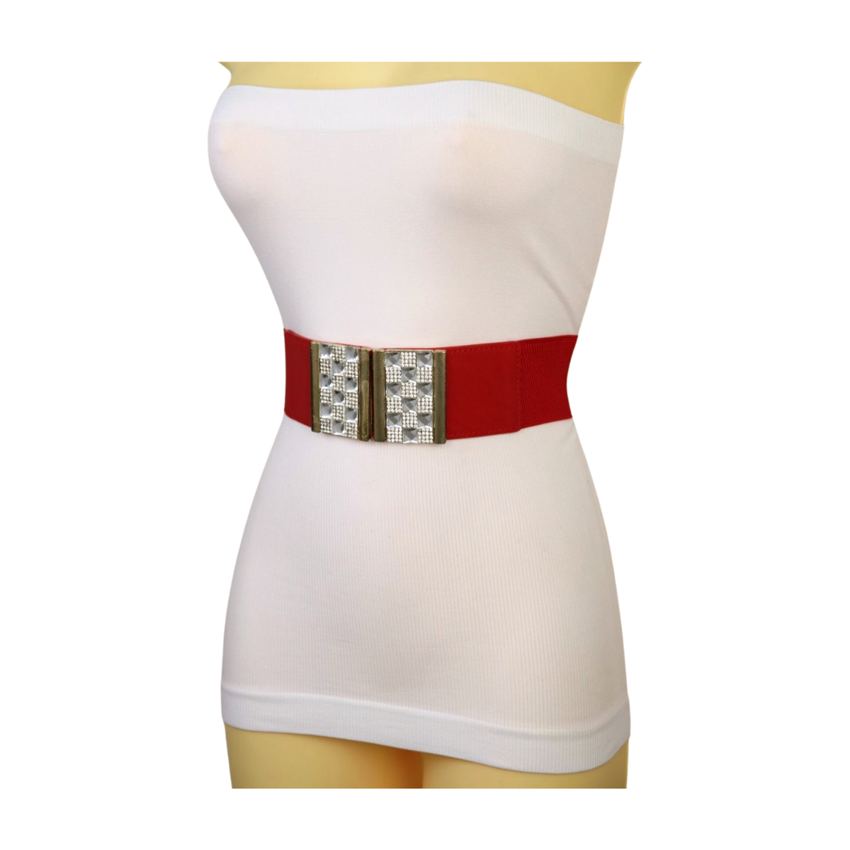 Women Red Elastic Waistband Dressy Fancy Fashion Belt Bling 