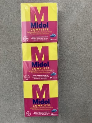 3 Boxes Midol Complete Gelcaps 24ct - Menstrual Pain Relief- 72 Total BB 10/27