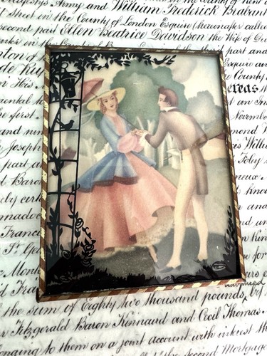 Vintage Reverse Glass Silhouette Art Painting Courting Couple 5” X 4” - Picture 4 of 12
