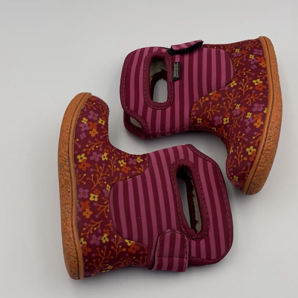 BOGS Waterproof Winter Boots Toddler 7 Flower Stripes Mid Faux Fur Rose Floral - Imagem 3 de 4