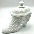 Vintage FENTON HOBNAIL Milk Glass Boot Covered Candy Vanity Trinket Box EUC