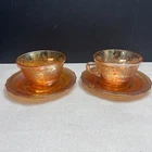Pair VTG  Federal Glass Normandie Lattice Marigold Iridescent Tea Cups Saucers