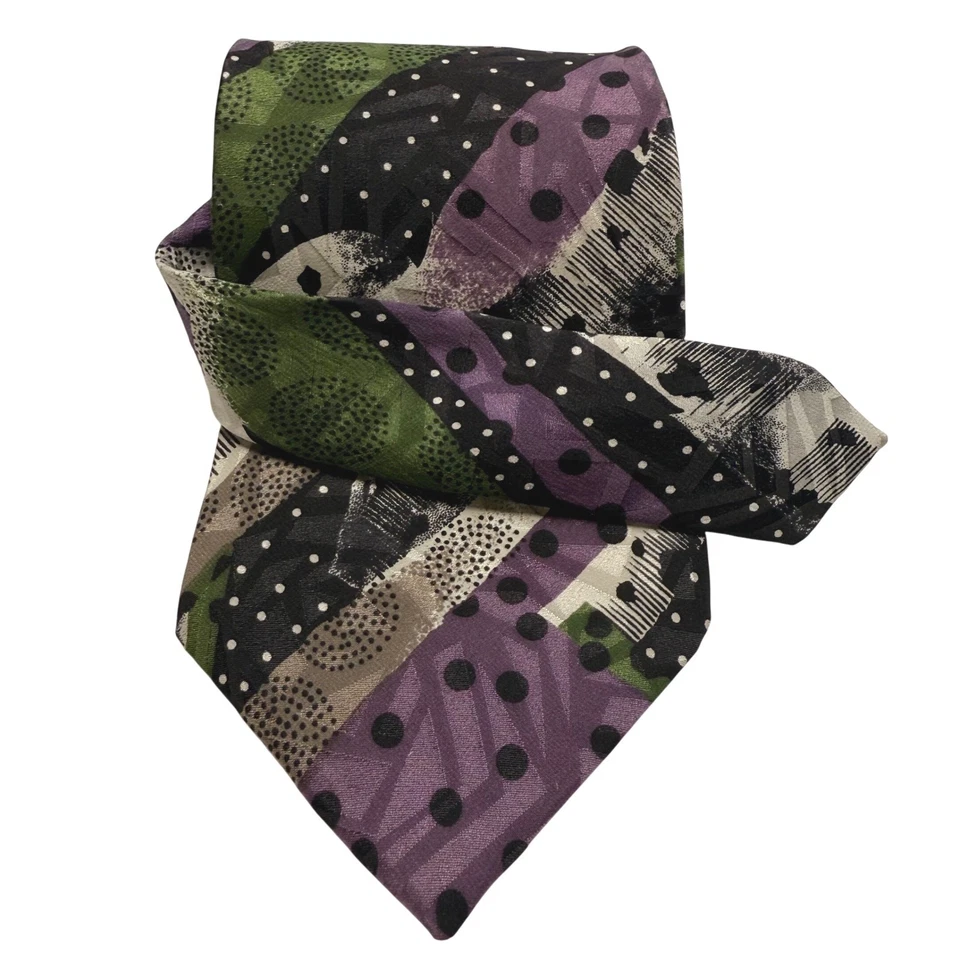 Corbata de seda geométrica abstracta Smith negra vintage púrpura verde negro lunares Foto 3 de 4