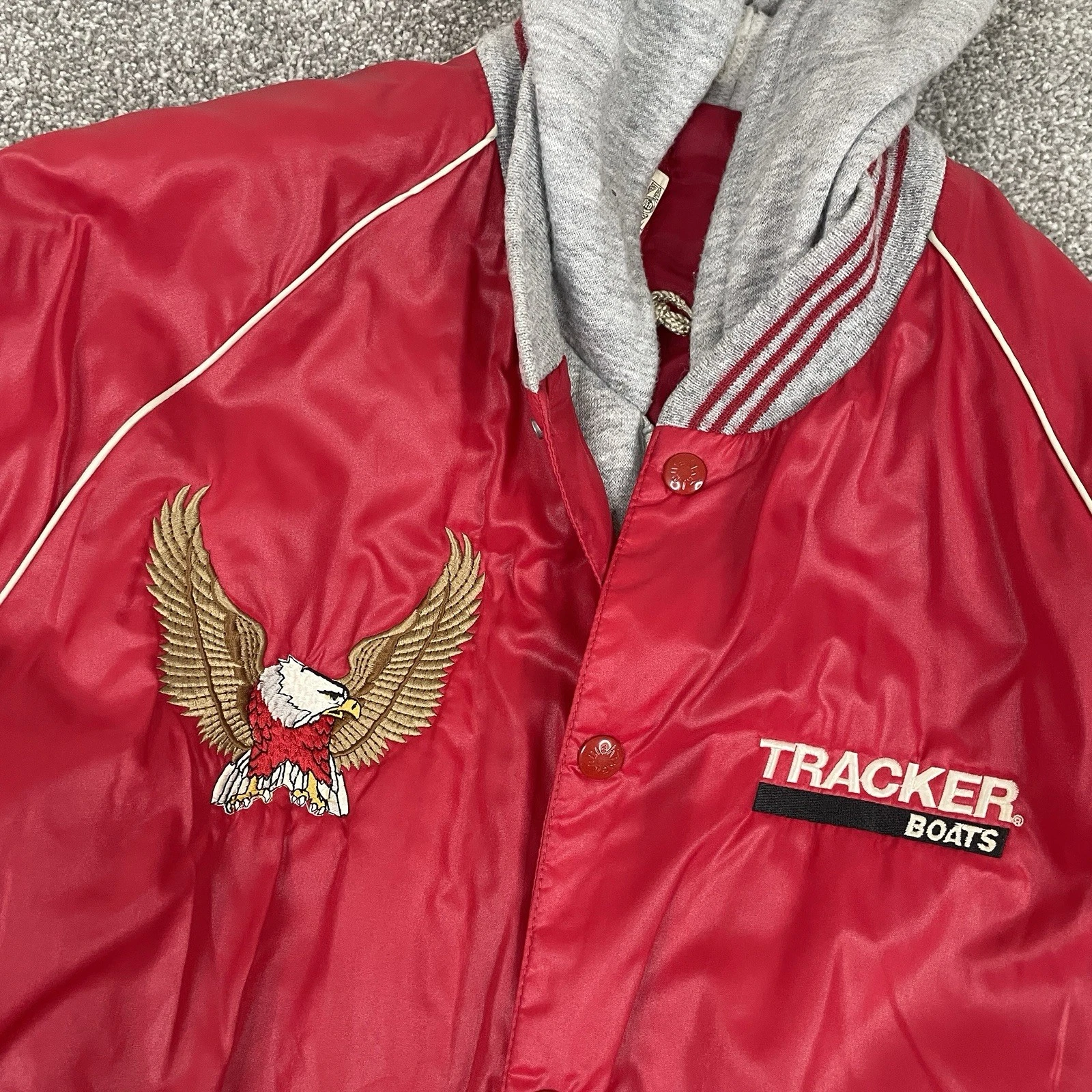 Vintage Tracker Boats Satin Bomber Jacket XL Red Bass Fishing USA Union 80s