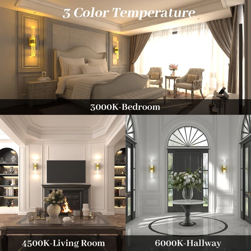 Juego de 2 apliques de pared LED de cristal a pilas, batería recargable dorada... Foto 3 de 4