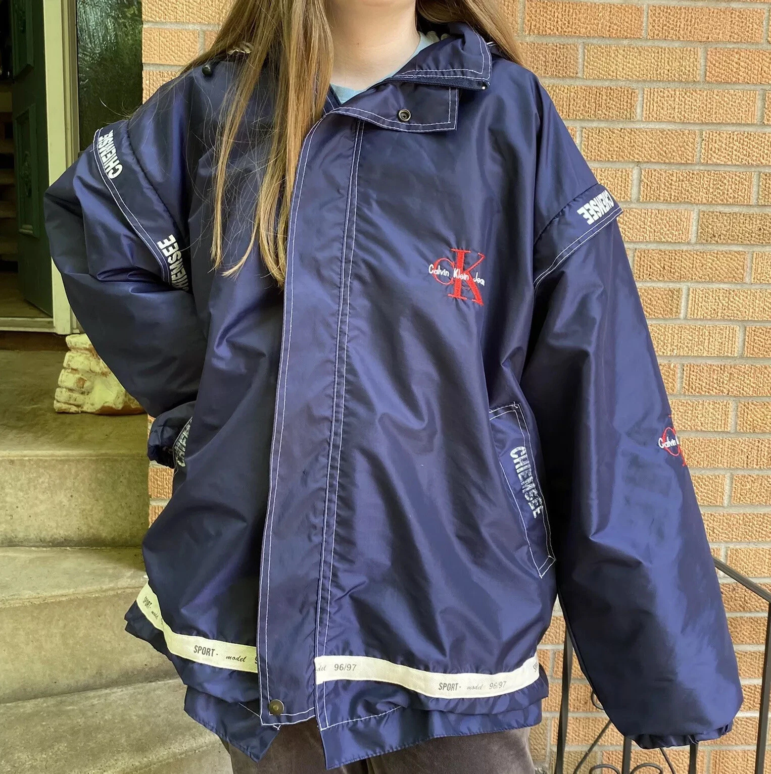 Giacca Coach Vintage Anni '90 Calvin Klein Grande Logo Gilet Con Cappuccio Oversize Chiemsee