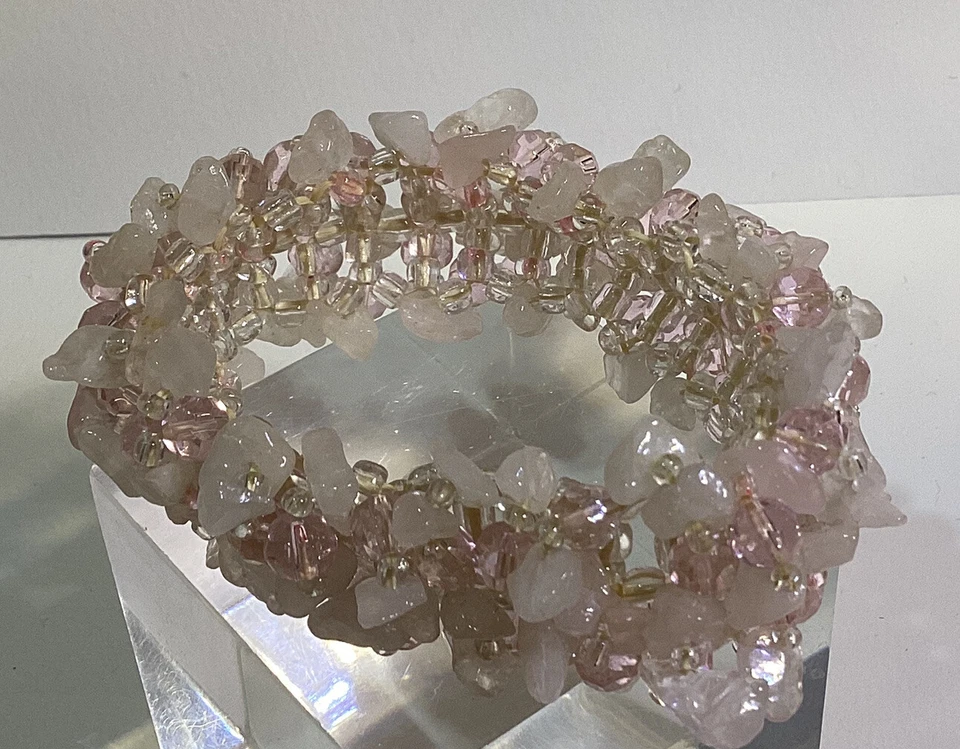 "Pulsera tejida vintage de cuarzo rosa y cuentas de vidrio facetado rosa de 1""" Foto 2 de 4