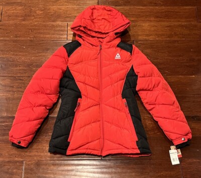 Reebok Outerwear Red Black Women's Small Zip Pocket Hoodie Quilted Puffer Jacket