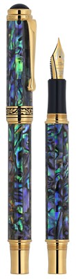 Xezo Maestro Natural Abalone Extra Fine Fountain Pen, 18K Gold Plated. Handmade