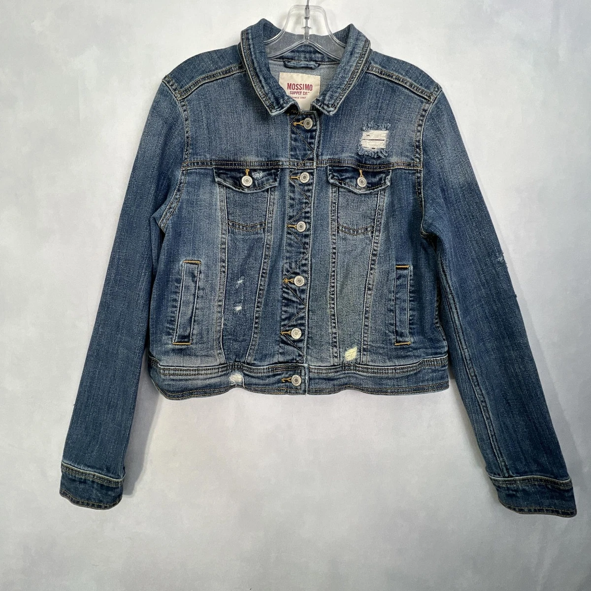 Mossimo Denim Jean Jacket Button Up Blue Distressed Pockets Womens