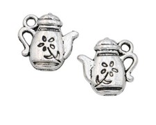 15 Pieces Teapot with Flower 2-Sided Charms Silver Plated Tea Pot Kettle 13x13mm