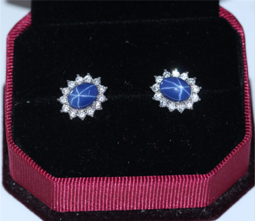 Top Quality Oval Shape Blue Star Sapphire Lab Created Sterling Silver Earring - Picture 1 of 6