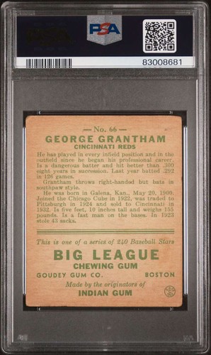 1933 Goudey #66 George Grantham PSA 2 RC Rookie Reds (8681) - Picture 2 of 2