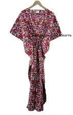 Indian White Cotton Long Loose Sleeve Flower Print Free Size Boho Caftan Dress