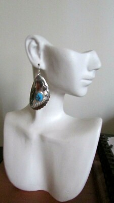 NEW NATIVE AMERICAN HAND DONE S/S CONCHO HOOK EARRINGS WTURQ. ORNATE/CLASSY.