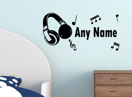Personalised Name Headphones Wall Sticker Music Game Decal Custom Kids Art Decor - Picture 1 of 6