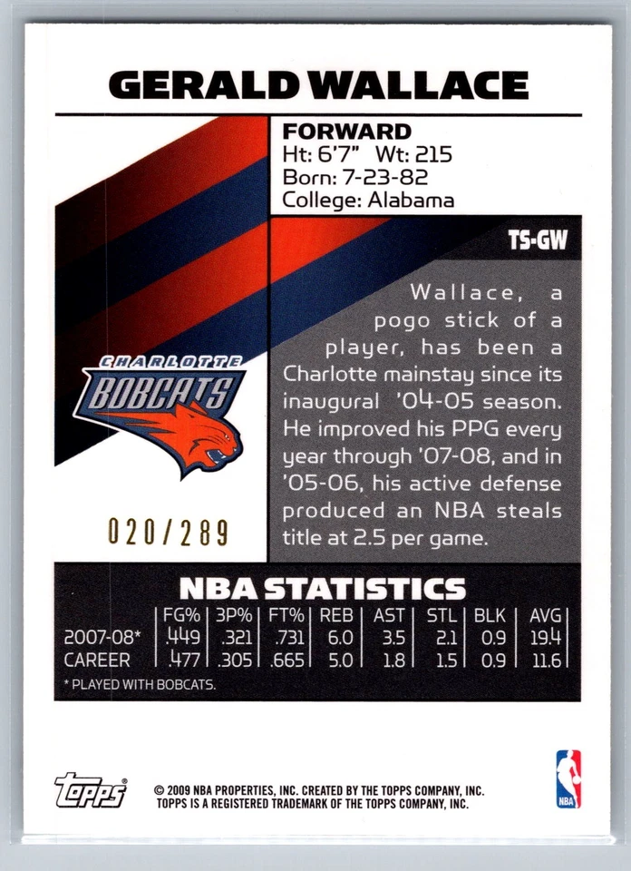 Gerald Wallace 2008-09 Topps Signature Facsimile Black /289 #TS-GW - Image 2 of 2