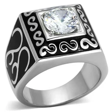 Men's Ring, Clear CZ, Stainless Steel, Statement, Black Enamel, Scroll Design
