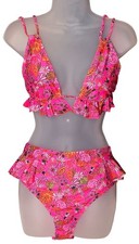 Floral Bikini Set M Pink Two Piece High Waist Ruffle Accent Adjustable Triangle