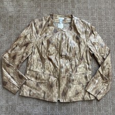 Chico's Linen Blend Jacket Sz 1 / US Medium Metallic Zip Gold Tan Lightweight